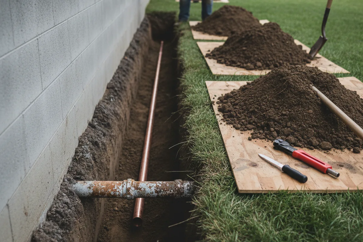 Excavated water line trench during Water Softener Installation in Shannock